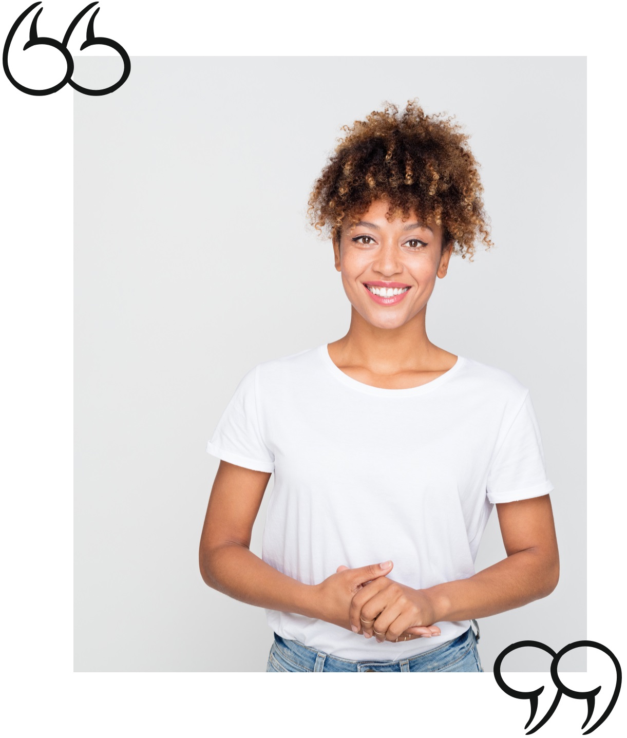 Woman holding hands and smiling