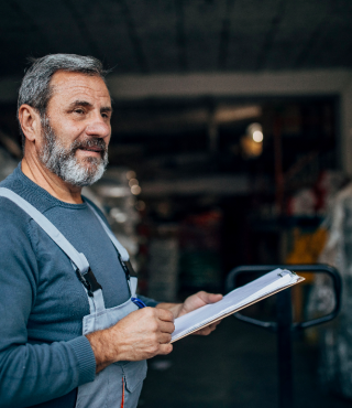 Smiling man with clipboard in warehouse
